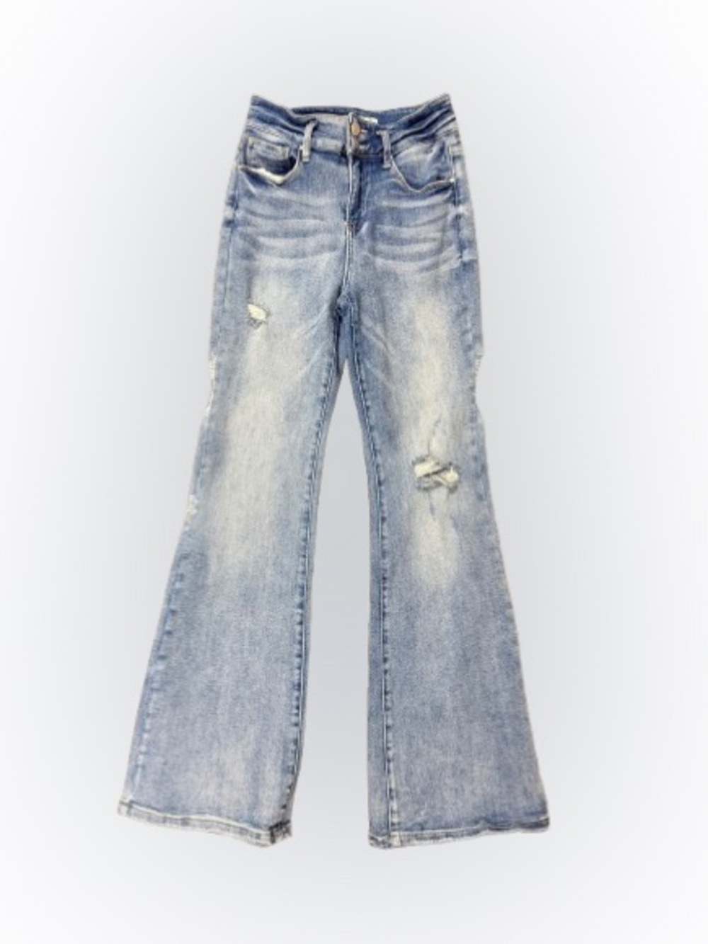 Risen High Rise Distressed Flare Jeans Women’s 7/28 Light Wash Stretch Denim
